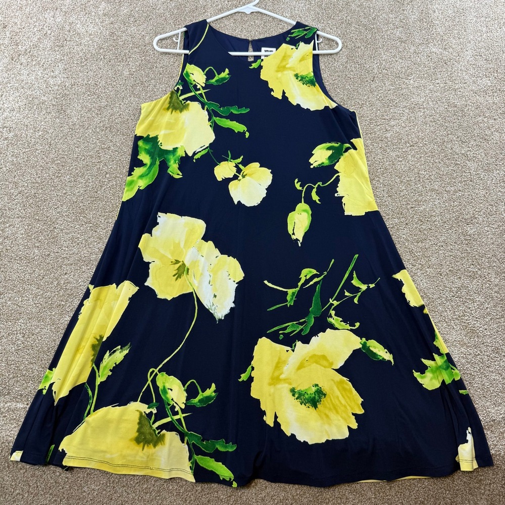 Anne Klein Womens 10 Navy Yellow Floral Sleeveless Trapeze Dress A-Line
